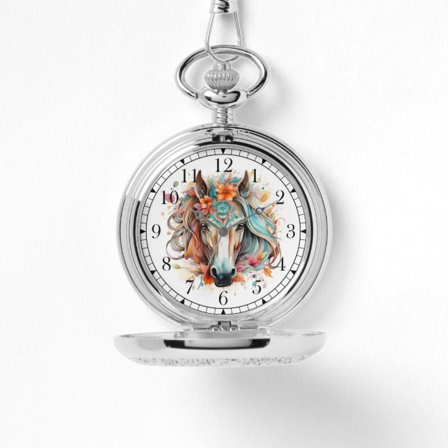 Boho Tribal Watercolor Horse Stylish Chic Womans Watch (Front)