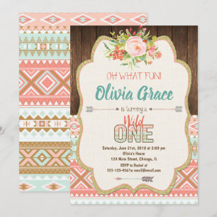 Boho tribal wild one girl 1st birthday invitations