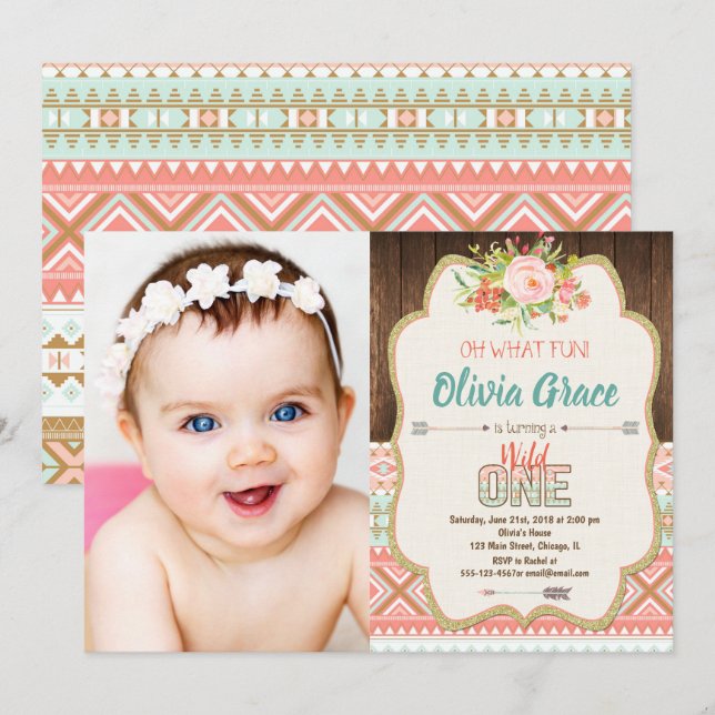 Boho tribal wild one girl 1st birthday photo invitation (Front/Back)