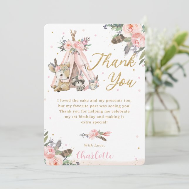 Boho Tribal Woodland Animals Birthday Christening  Thank You Card (Standing Front)