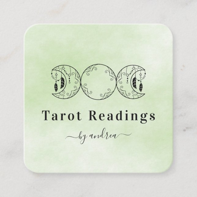 Boho Triple Moon Green Tarot Reader Energy Healer  Square Business Card (Front)