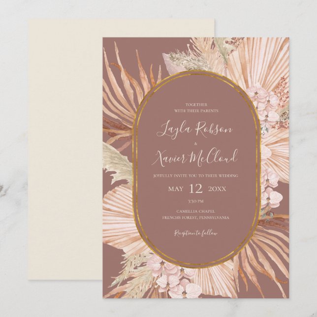 Boho Tropical Botanical Dusty Rose Casual Wedding Invitation (Front/Back)