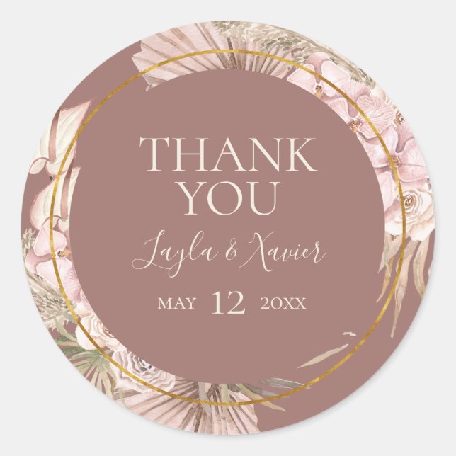 Boho Tropical Botanical Dusty Rose Thank You Favou Classic Round Sticker (Front)