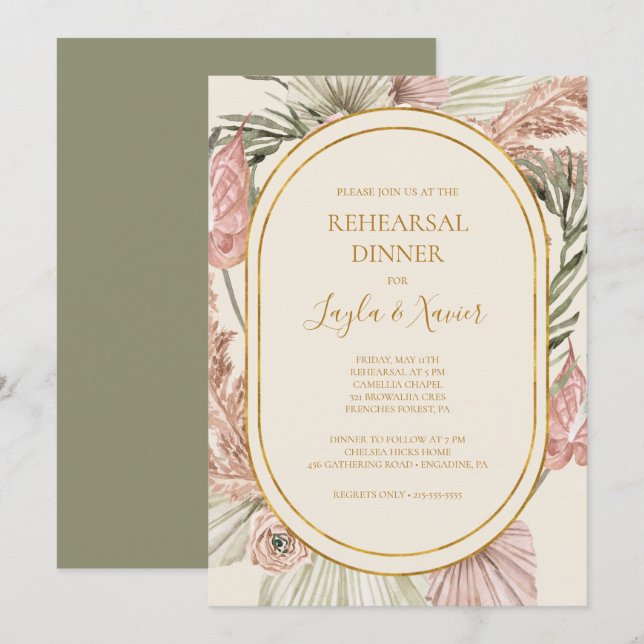 Boho Tropical Botanical | Green Rehearsal Dinner Invitation (Front/Back)