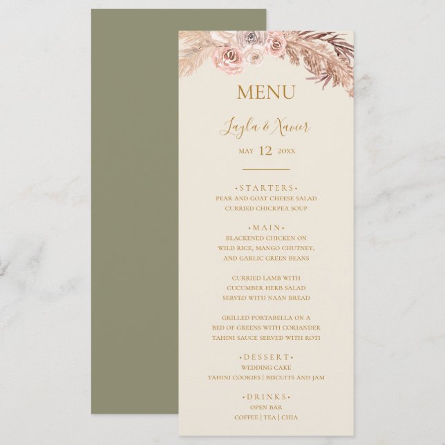 Boho Tropical Botanical | Green Wedding Dinner Menu (Front/Back)
