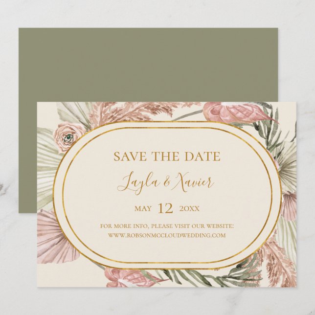 Boho Tropical Botanical | Olive Green Horizontal Save The Date (Front/Back)