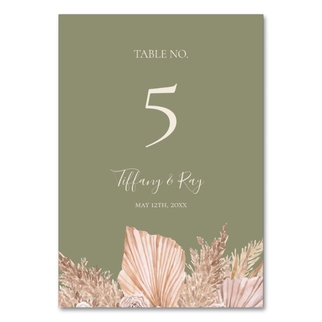 Boho Tropical Botanical Olive Green Table Number  (Front)