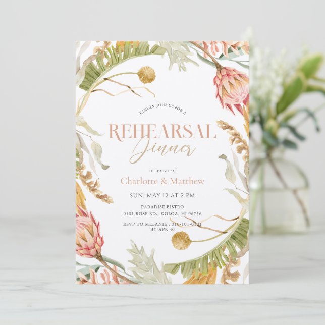 Boho Tropical Botanical Rehearsal Dinner Invitation (Standing Front)