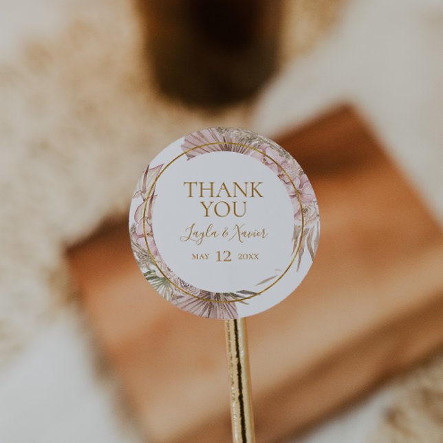 Boho Tropical Botanical | Thank You Wedding Favour Classic Round Sticker (Creator Uploaded)