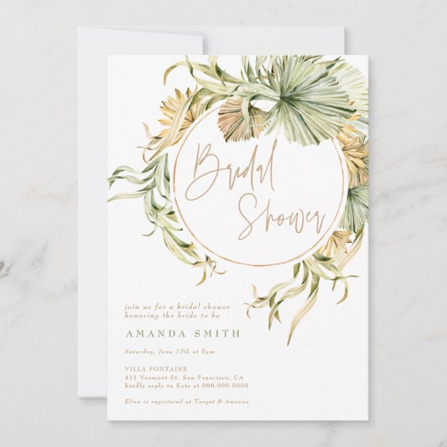 Boho Tropical Dried Palm Desert Bridal Shower Invitation (Front)