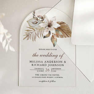 Boho Tropical Dried Palm Floral Wedding Acrylic Invitations