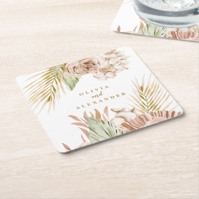 Boho Tropical Floral and Palm wedding Square Paper Coaster (Angled)