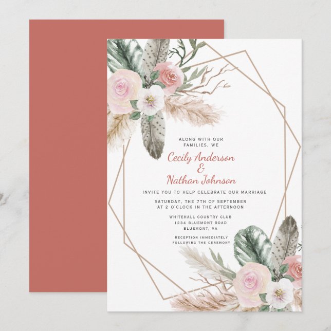 Boho Tropical Floral Feathers Pampas Grass Invitation (Front/Back)