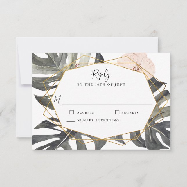 Boho Tropical Floral Geometric Frame Wedding RSVP Card (Front)