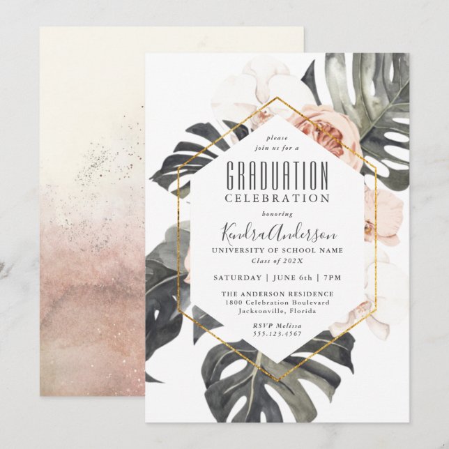 Boho Tropical Floral Graduation Party Invitation (Front/Back)
