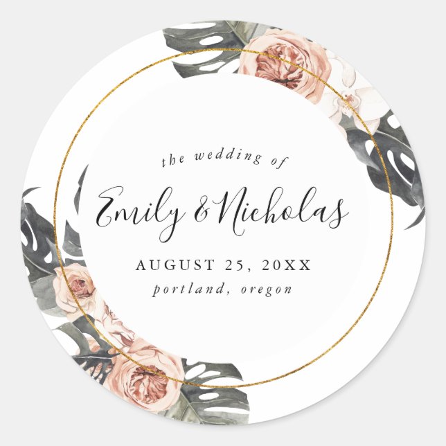 Boho Tropical Floral | Wedding Classic Round Sticker (Front)