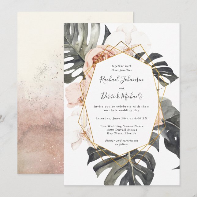 Boho Tropical Floral with Geometric Frame Wedding Invitation (Front/Back)