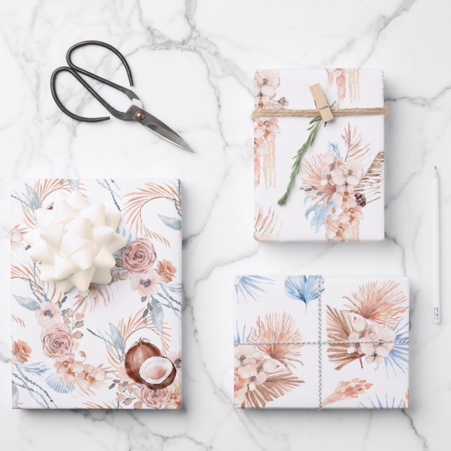 Boho tropical floral wrapping paper sheets (Front)