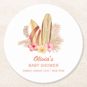 Boho Tropical Flower SurfIng Baby Shower Round Paper Coaster