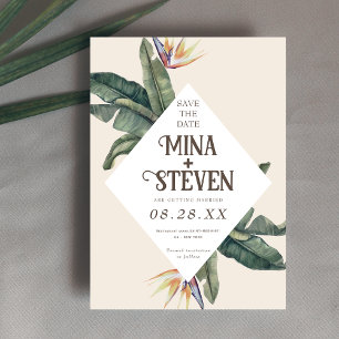 Boho tropical geometric banana leaves wedding  save the date