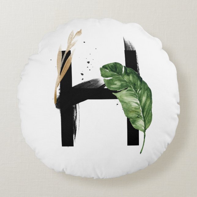 Boho Tropical Greenery Letter H Monogram Round Cushion (Front)
