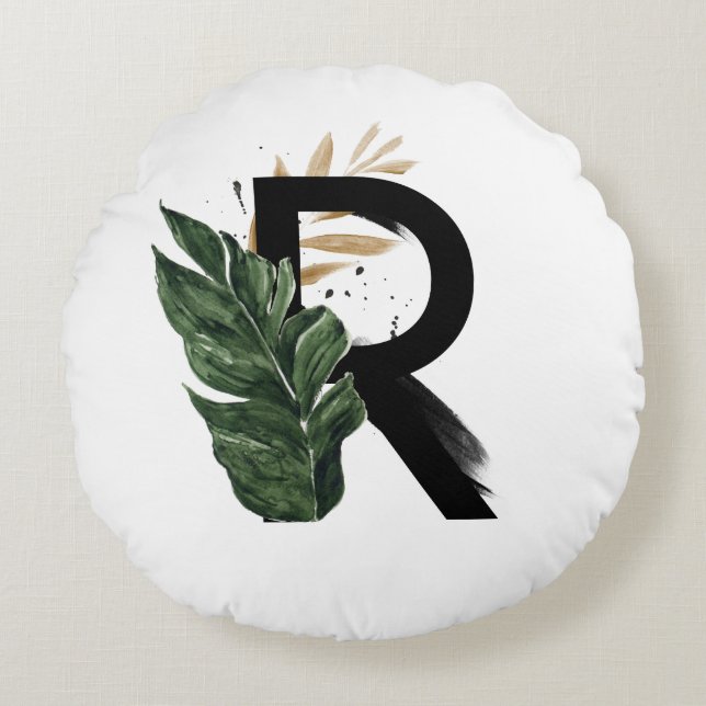 Boho Tropical Greenery Letter R Monogram Round Cushion (Front)