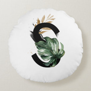 Boho Tropical Greenery Letter S Monogram Round Cushion