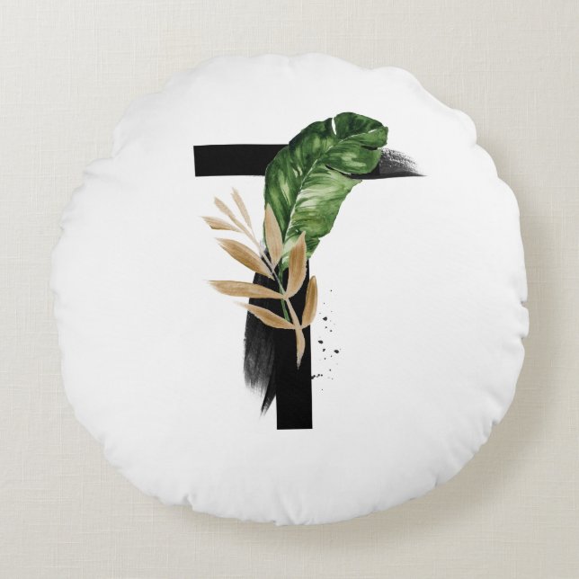 Boho Tropical Greenery Letter T Monogram Round Cushion (Front)