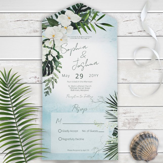 Boho Tropical Greenery Modern Aqua No Dinner All In One Invitation (Creator Uploaded)