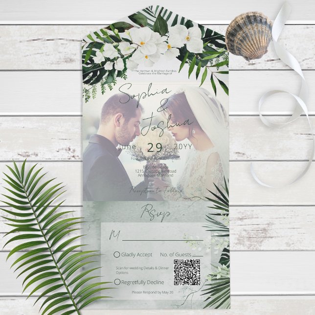 Boho Tropical Greenery Modern Photo QR Code All In One Invitation (Creator Uploaded)