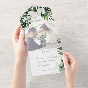 Boho Tropical Greenery Modern White Photo Wedding All In One Invitation