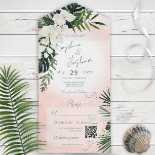 Boho Tropical Greenery Pink Blush QR Code All In One Invitation