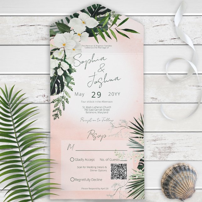 Boho Tropical Greenery Pink Blush QR Code All In One Invitation (Creator Uploaded)