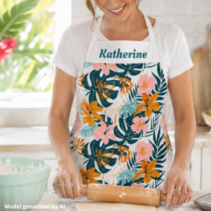 Boho Tropical Leaves Flowers Apron