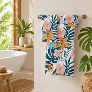 Boho Tropical Leaves Flowers Bath Towel Set