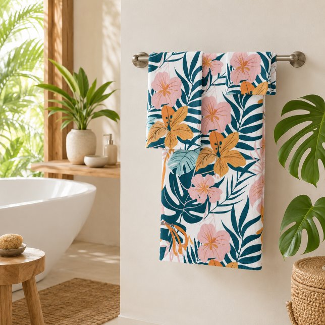 Boho Tropical Leaves Flowers Bath Towel Set (Creator Uploaded)