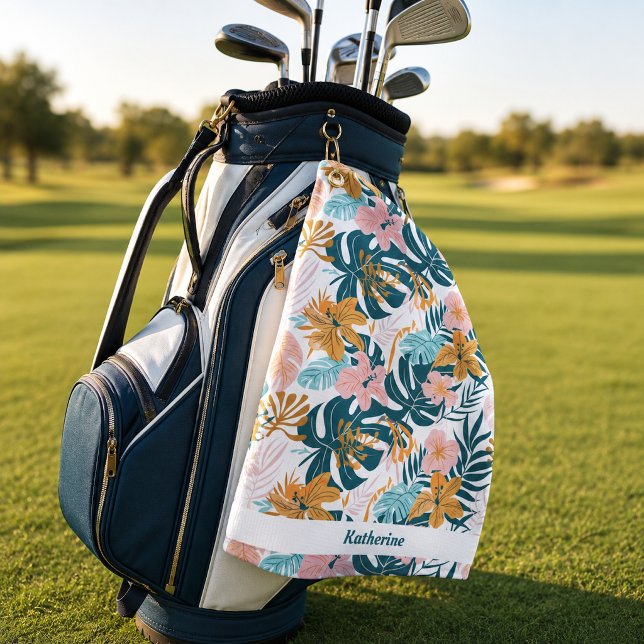 Boho Tropical Leaves Flowers Golf Towel (Creator Uploaded)
