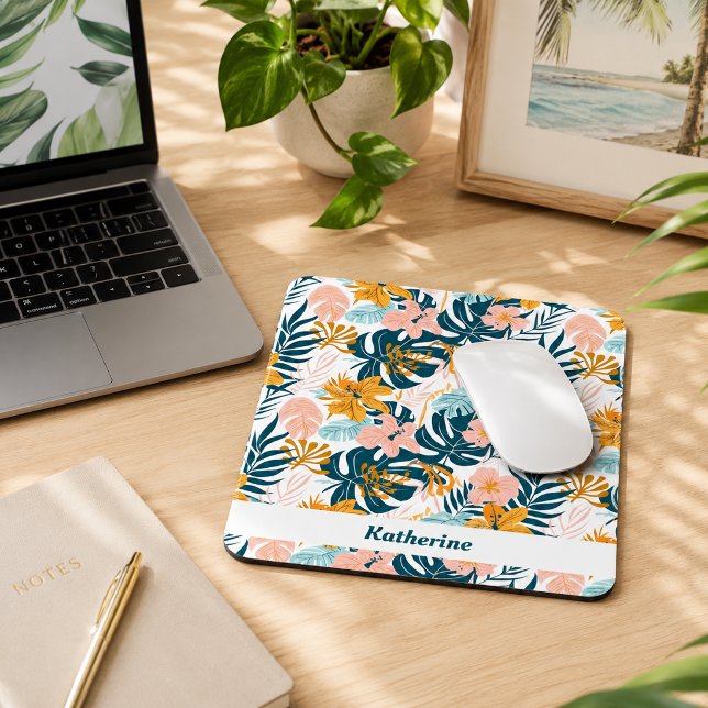 Boho Tropical Leaves Flowers Mouse Mat (Creator Uploaded)