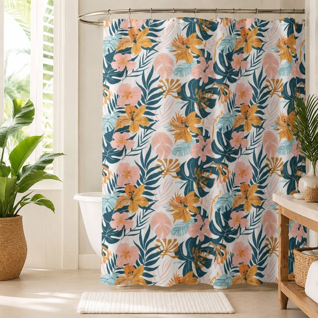 Boho Tropical Leaves Flowers Shower Curtain (Creator Uploaded)