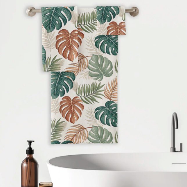 Boho Tropical Leaves Pattern Rust Green Beige Bath Towel Set (Creator Uploaded)