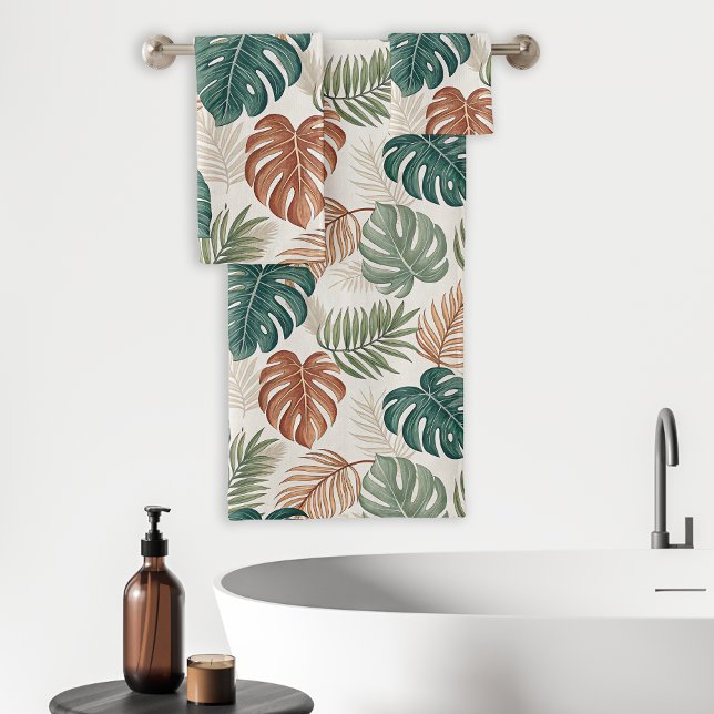 Boho Tropical Leaves Pattern Rust Green Beige Bath Towel Set (Creator Uploaded)