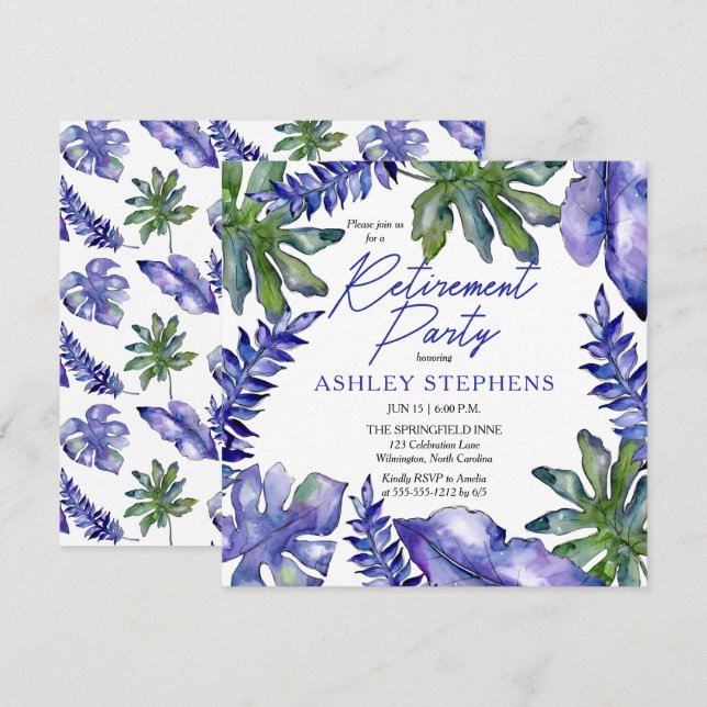 Boho Tropical Leaves Purple Green Retirement Party Invitation (Front/Back)