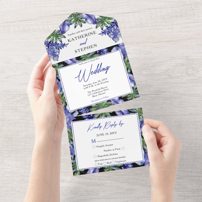 Boho Tropical Leaves Purple Green Wedding All In One Invitation (Tearaway)