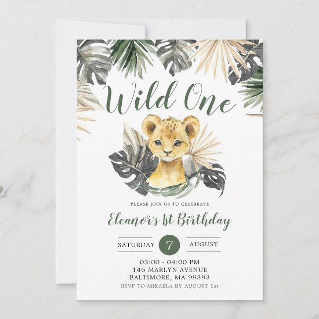Boho Tropical Lion Cub Boy Wild One Birthday Invitation (Front)