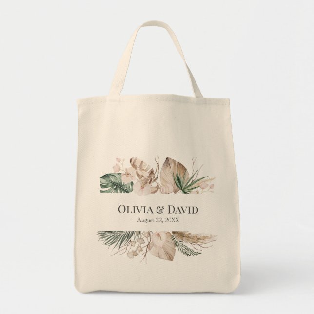 Boho Tropical Monstera and Orchid Wedding Tote Bag (Front)
