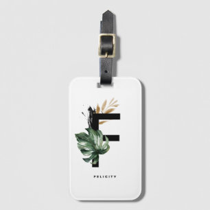 Boho Tropical Monstera Leaf Letter F Monogram Luggage Tag