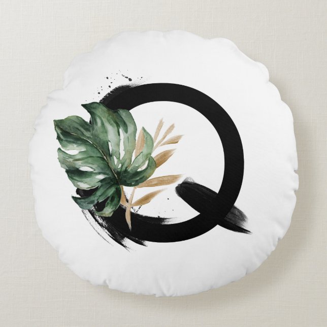 Boho Tropical Monstera Leaf Letter Q Monogram Round Cushion (Front)