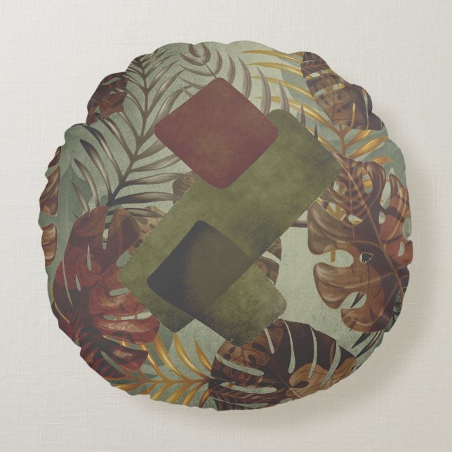 Boho tropical monstera palm leaf 70's summer  thr round cushion (Front)