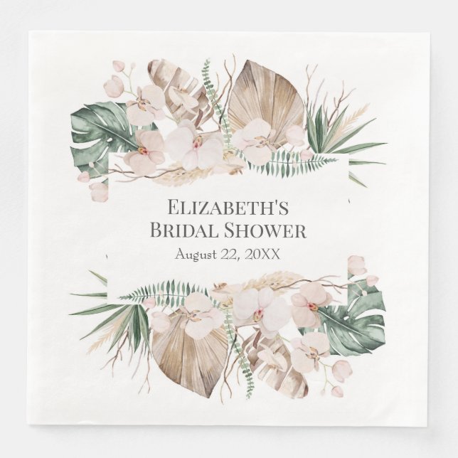 Boho Tropical Orchid and Monstera Paper Napkin (Front)