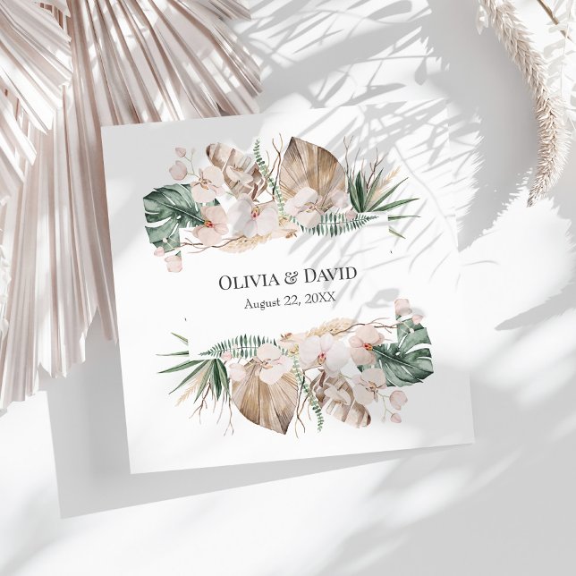 Boho Tropical Orchid and Monstera Wedding Napkin (Boho Tropical Orchid and Monstera Wedding Paper Napkin on a sunny white table.)